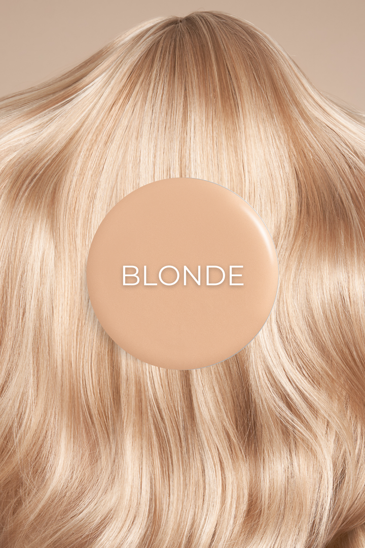 Silky blonde hair flows around a circular swatch labeled "BLONDE", showcasing the hair color.