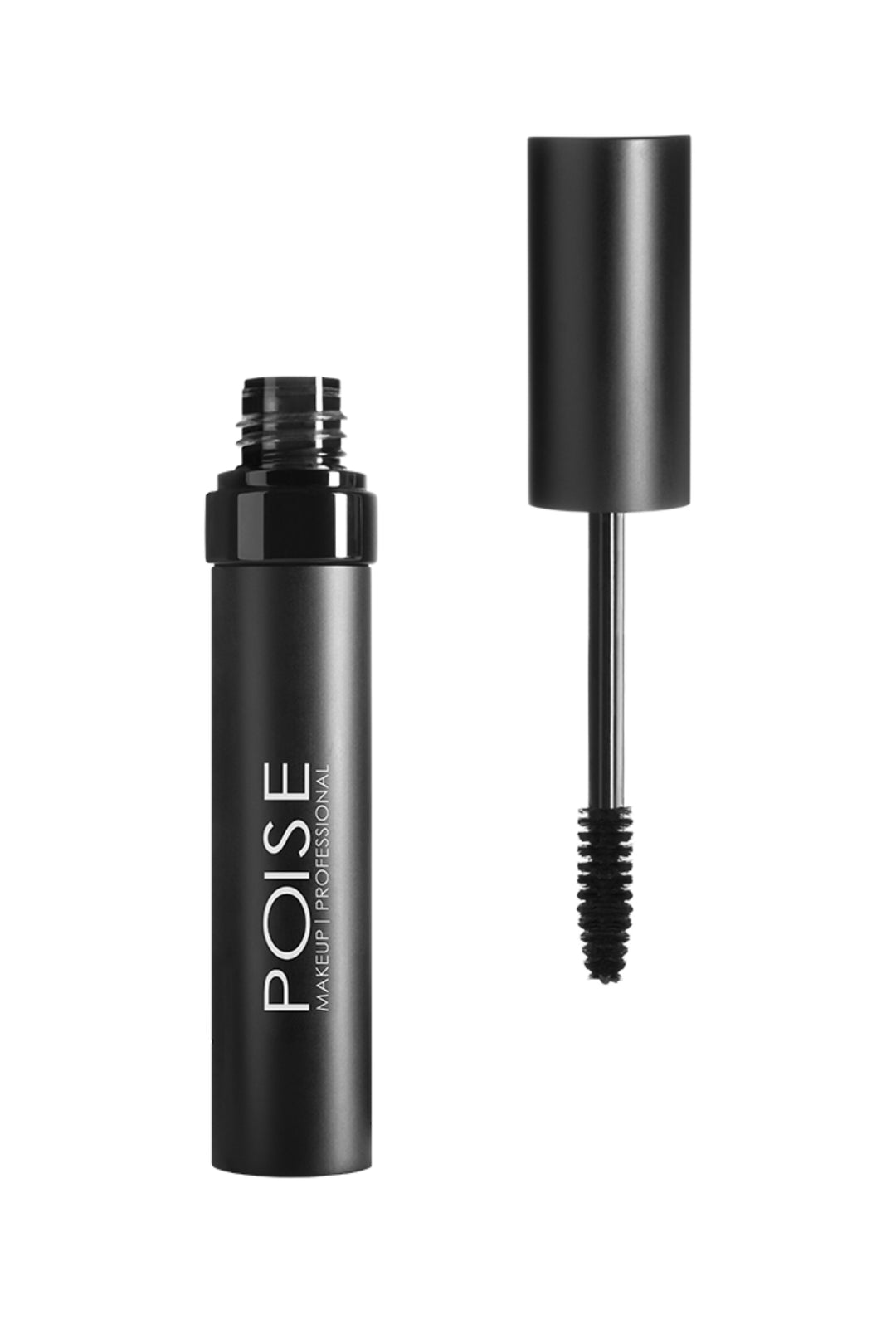 "Black Poise Makeup Professional mascara tube and wand separated on white background."