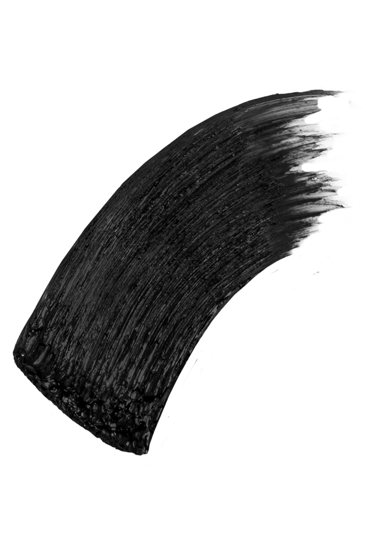 A brush reveals a swatch of rich, black mascara.